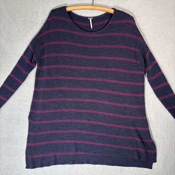 Free People Sweater Womens Oversized Size XS Navy Blue Stripes Coastal Lagenlook - Picture 2 of 16